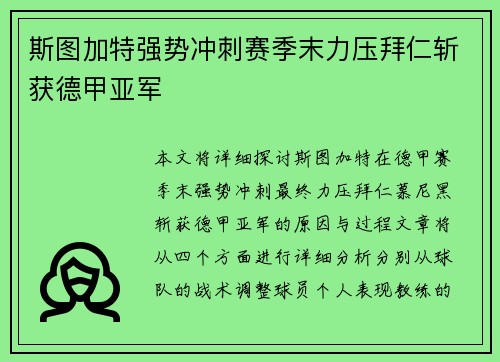 斯图加特强势冲刺赛季末力压拜仁斩获德甲亚军 斯图加特强势冲刺赛季末力压拜仁斩获德甲亚军